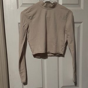 Zara Beige Mock Neck Long-Sleeve Crop Top